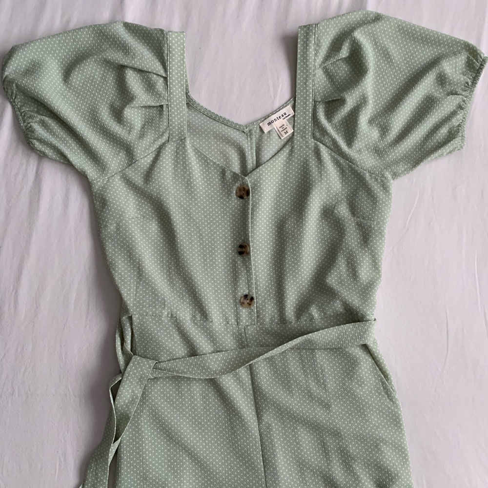 Women’s Mint Green Short Sleeved Jumpsuit w/ White Polka Dots